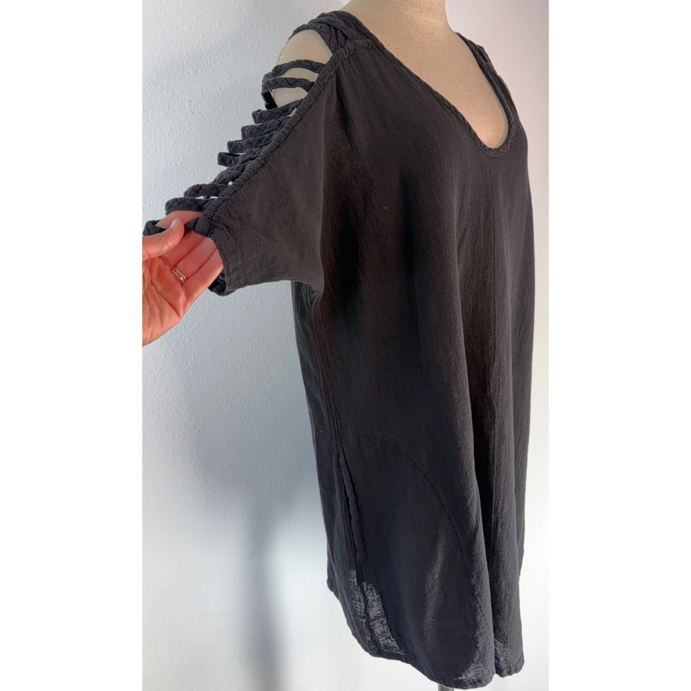 Oh My Gauze Black Mini Dress Strappy Cut Out Shoulder Swim Coverup L/XL Pockets